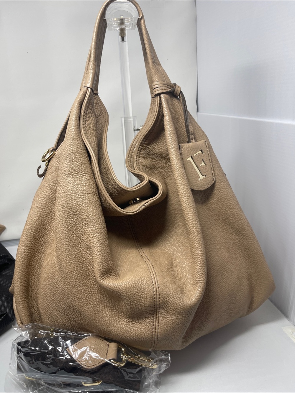 Furla Tan Pebbled Leather Hobo crossbody Shoulder Bag